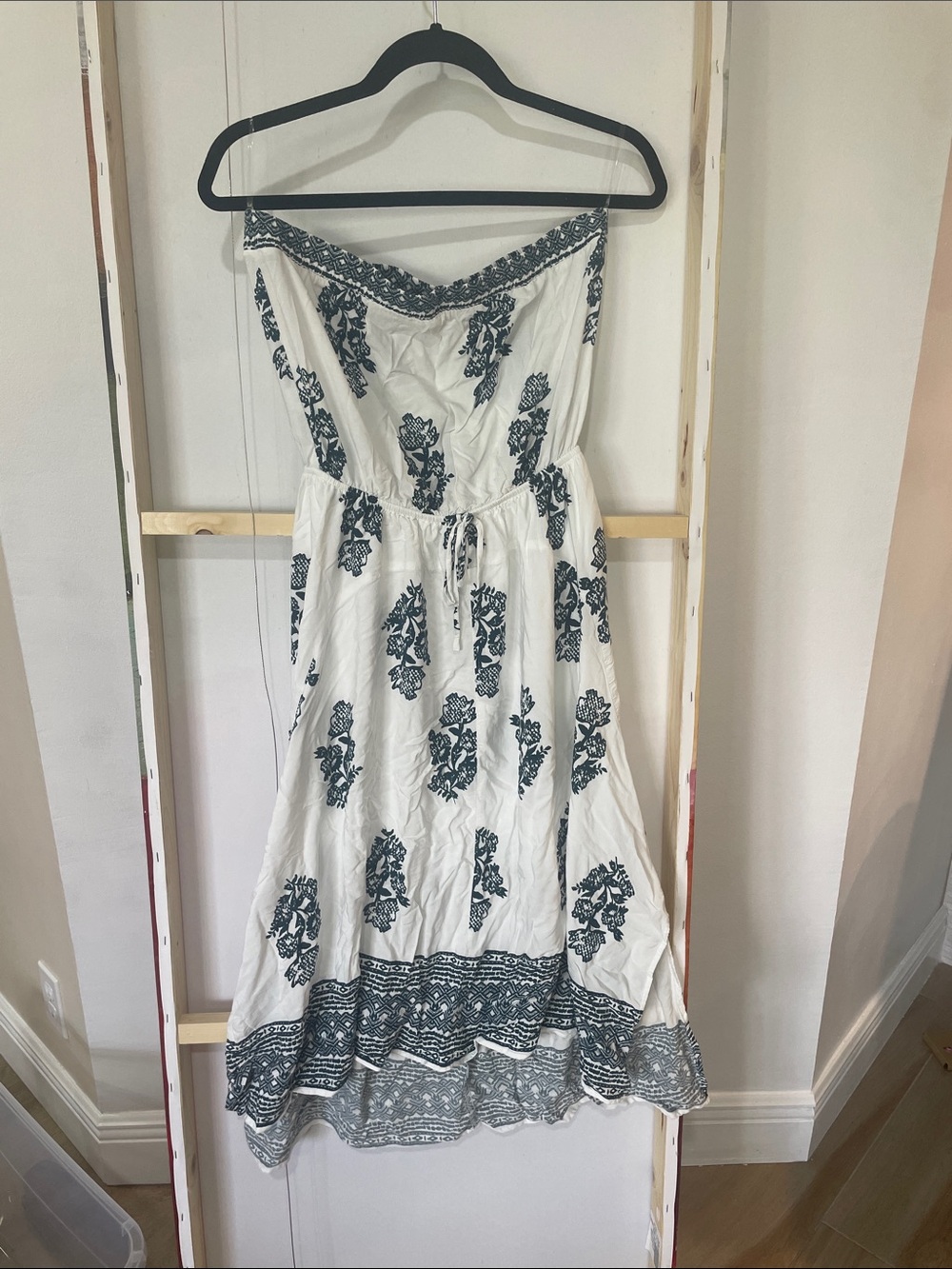 Strapless White Dress with Blue Floral Print